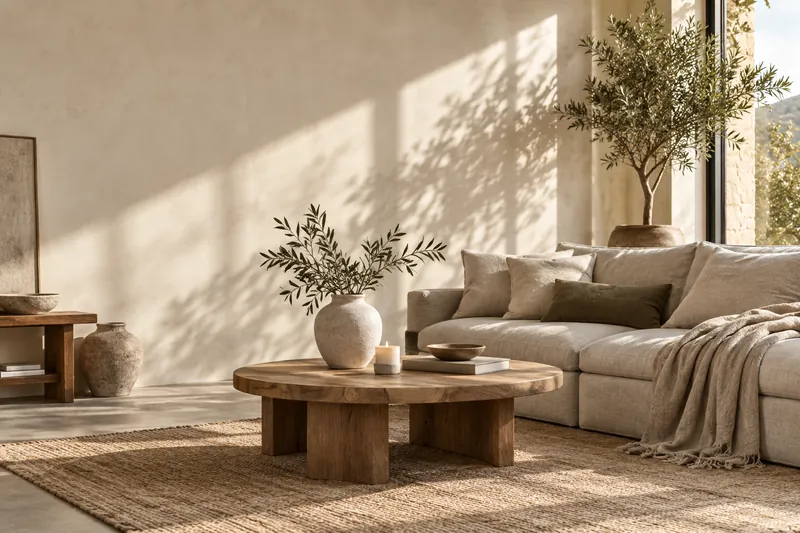 Sunlit living room with a linen sofa, oak coffee table, ceramics, and leafy branches
