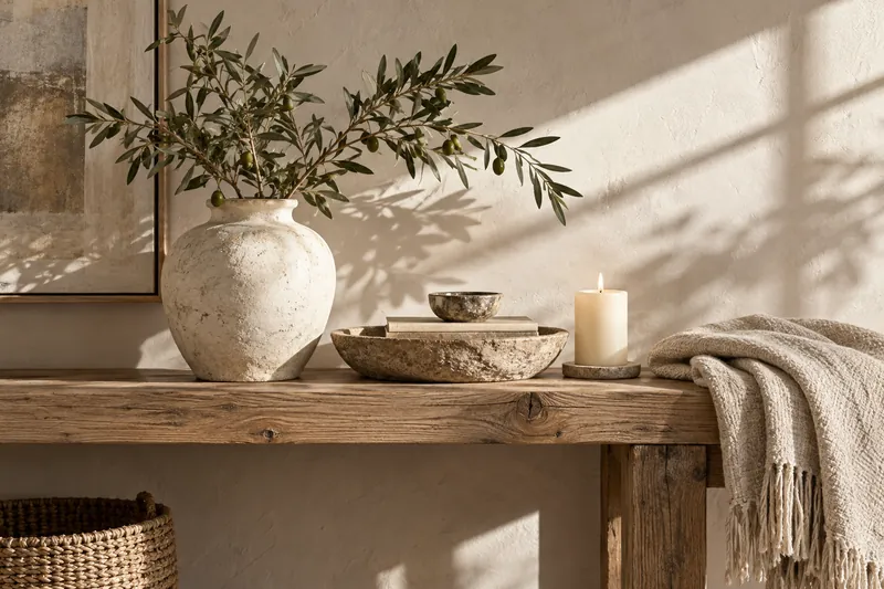 Ceramics and a folded throw on an oak console in afternoon light